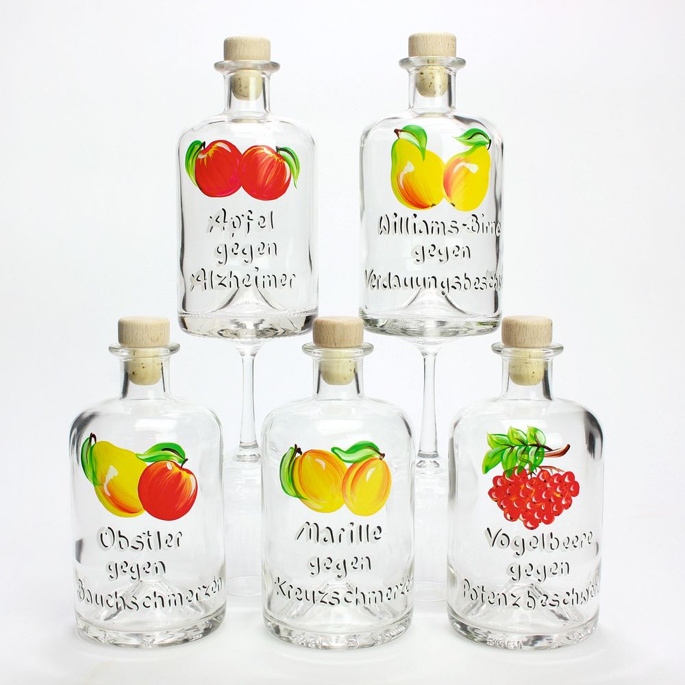 Apothekerflasche 0,5 l bemalt mit Obstmotiv und Spruch