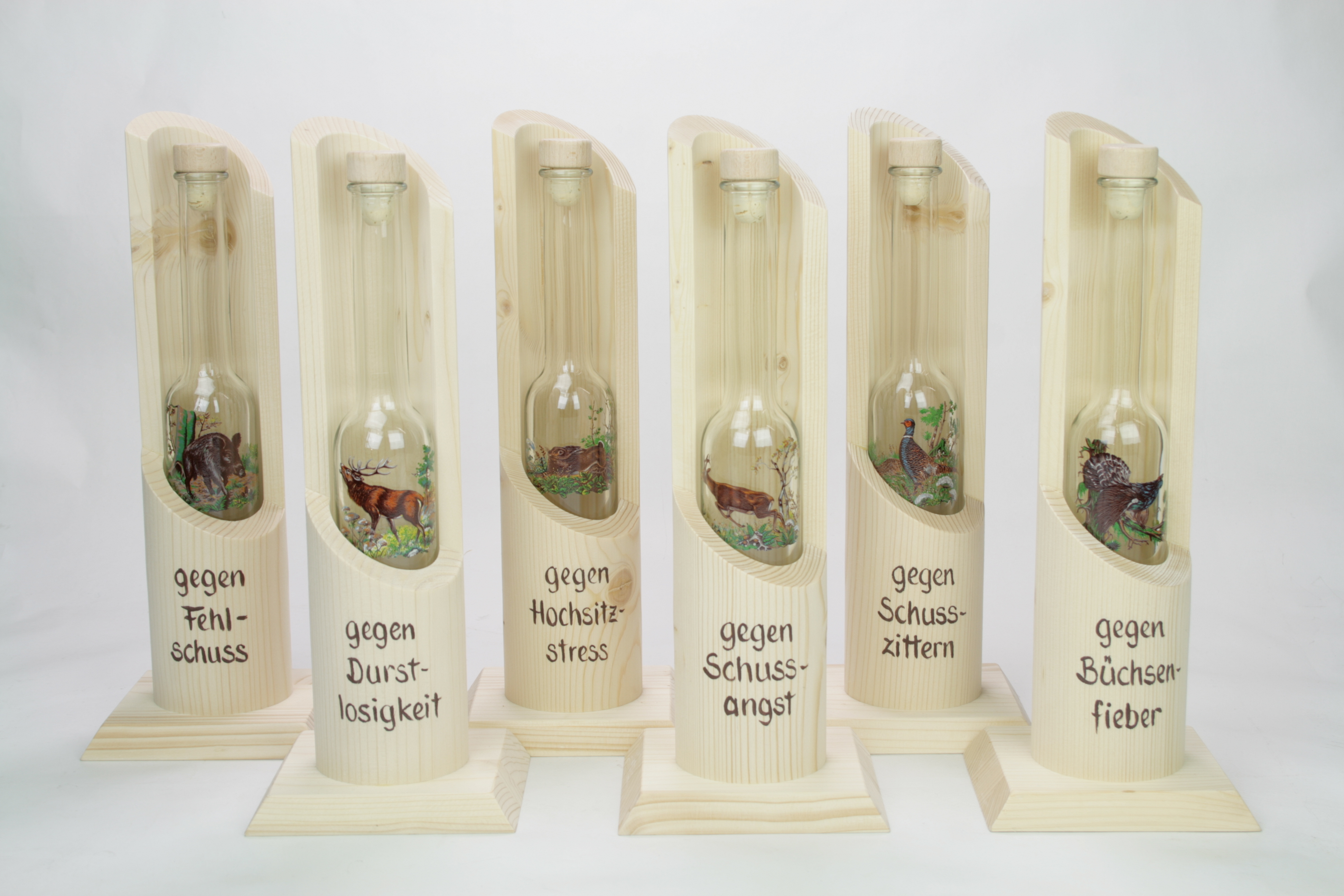 Flaschenständer mit Flasche "Platin" inkl. Jagdmotiv und Spruch bemalt