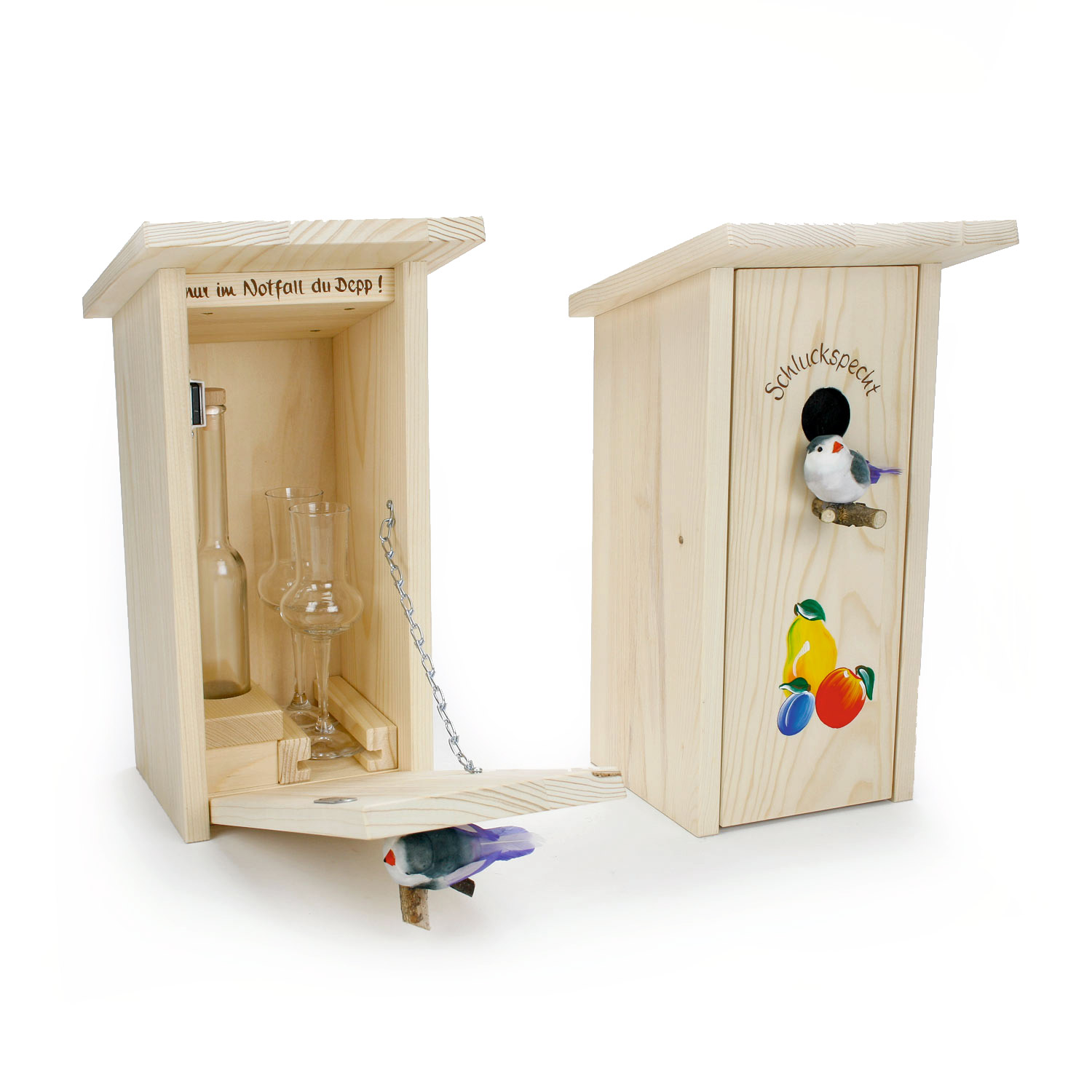Nistkasten klein mit Flasche "Platin" 0,1 l und 2 Grappagläser bemalt