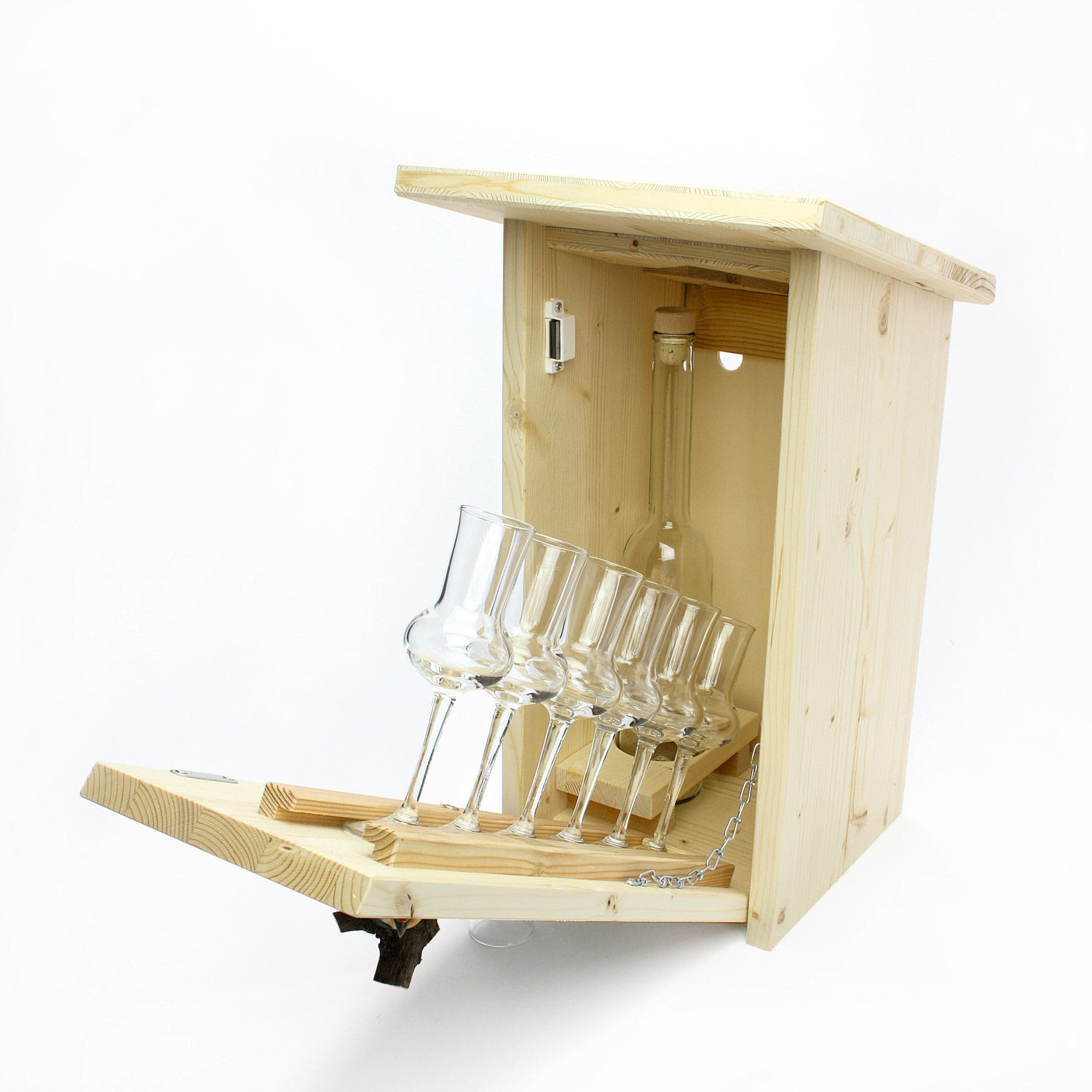 Nistkasten groß mit Flasche "Opera" 0,5 l und 6 Grappagläser unbemalt