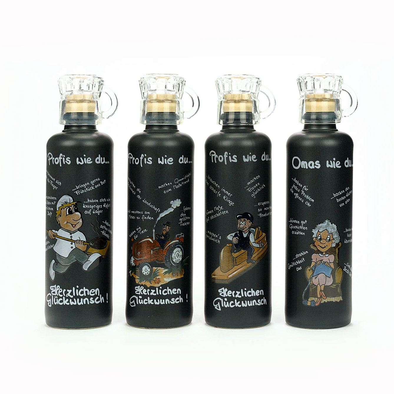 Flasche Steingut schwarz 0,35 l mit Spruch und Krügerl