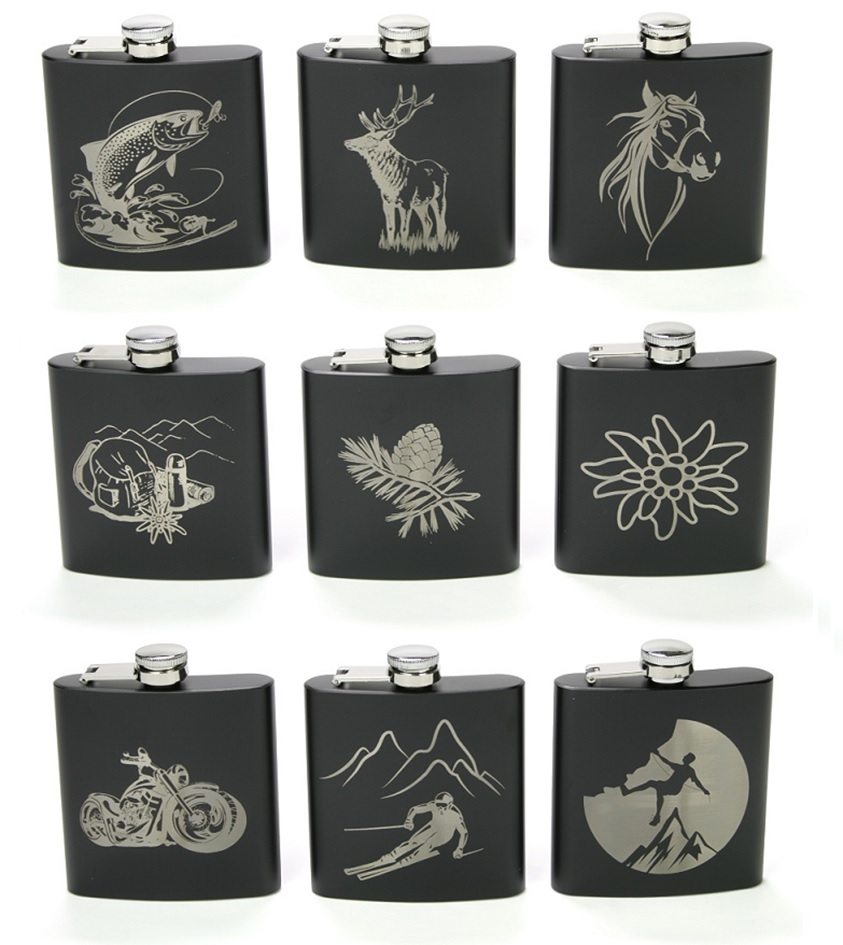 Edelstahlflachmann 180 ml schwarz mit Motiv