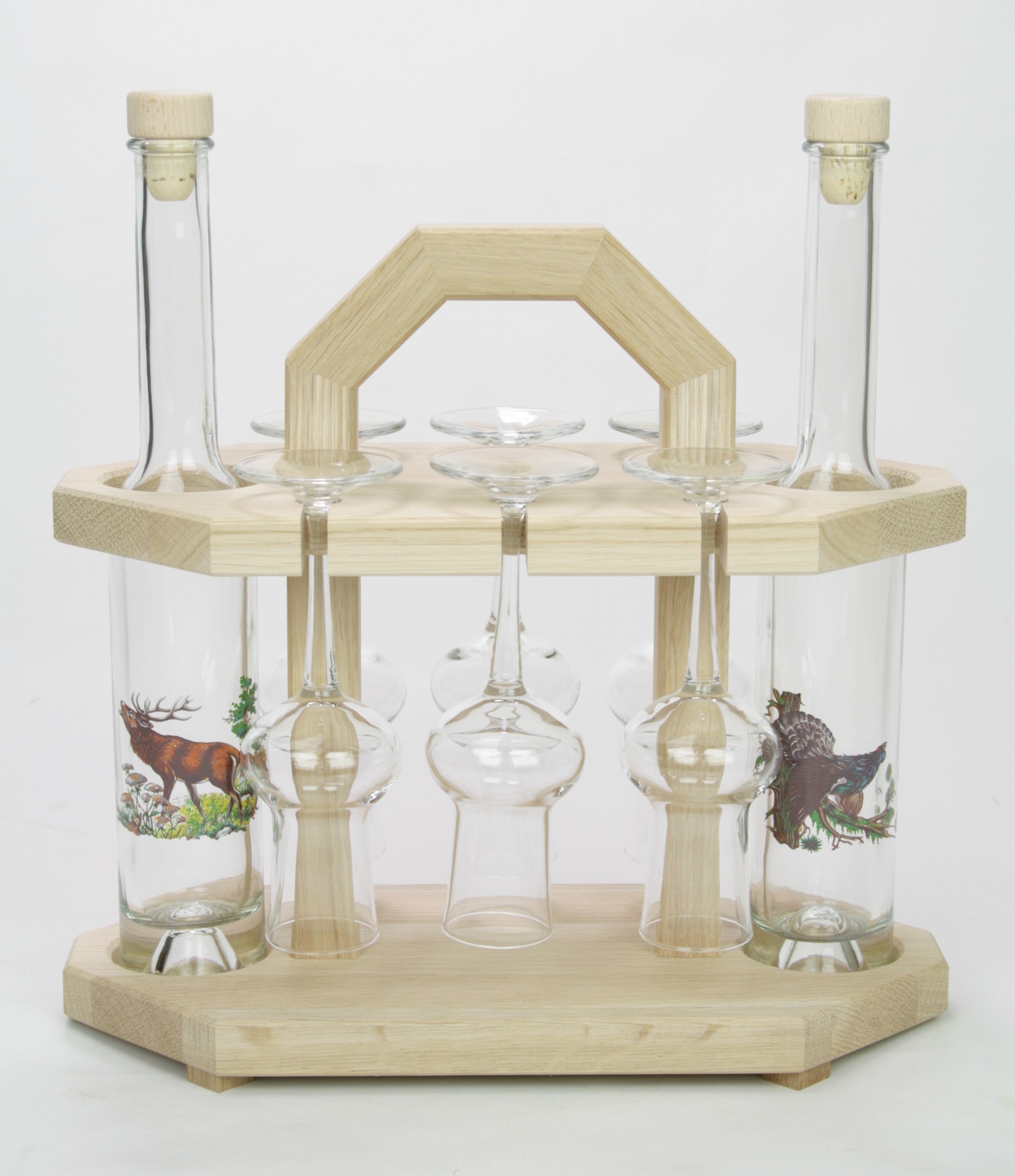 Grappaständer mit 6 Stamperl und 2 Flaschen "Platin" 0,2 l inkl. Jagdmotiv gefüllt