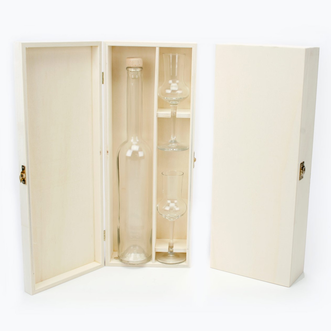 Holzkiste mit Flasche "Platin" 0,5 l + 2 Stamperl