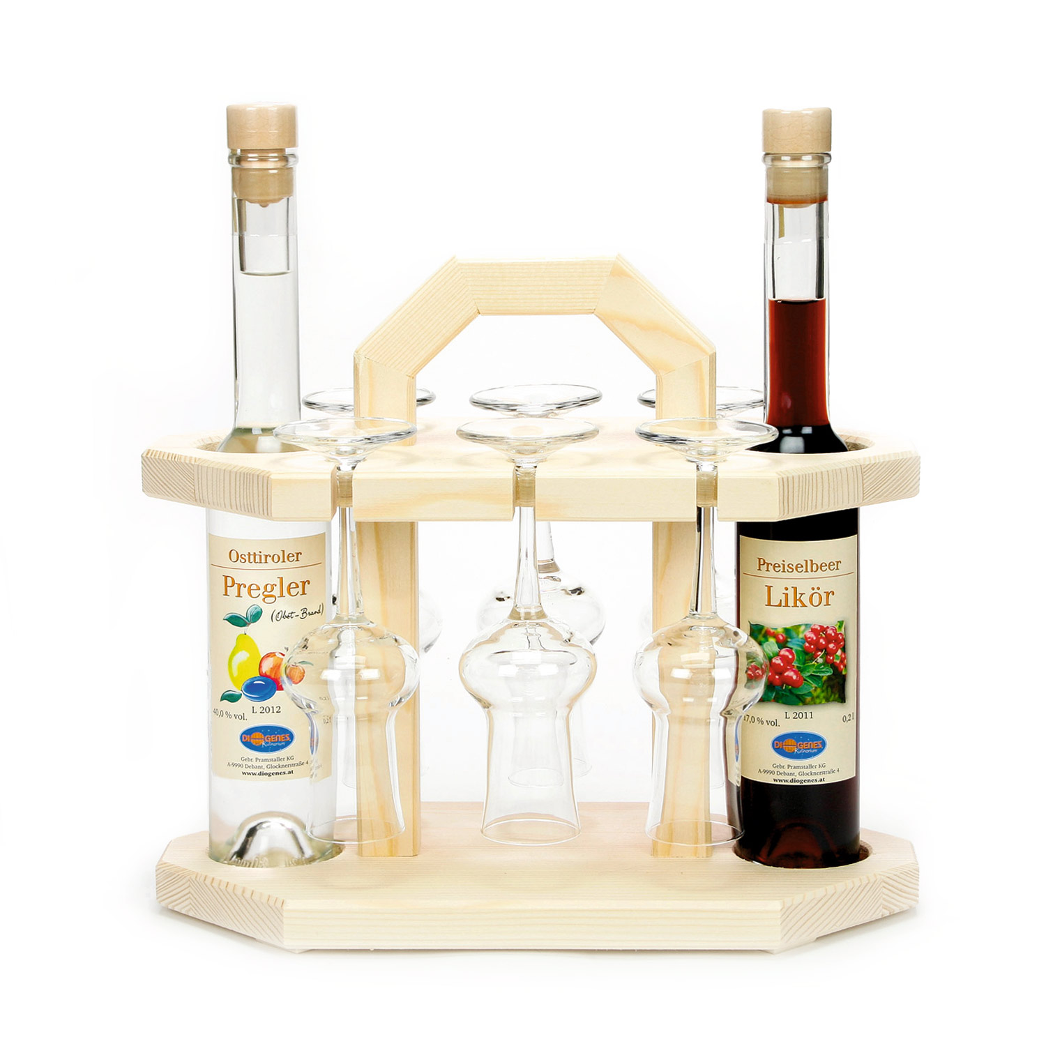 Grappaständer mit 6 Stamperl und 2 Flaschen "Platin" 0,2 l gefüllt