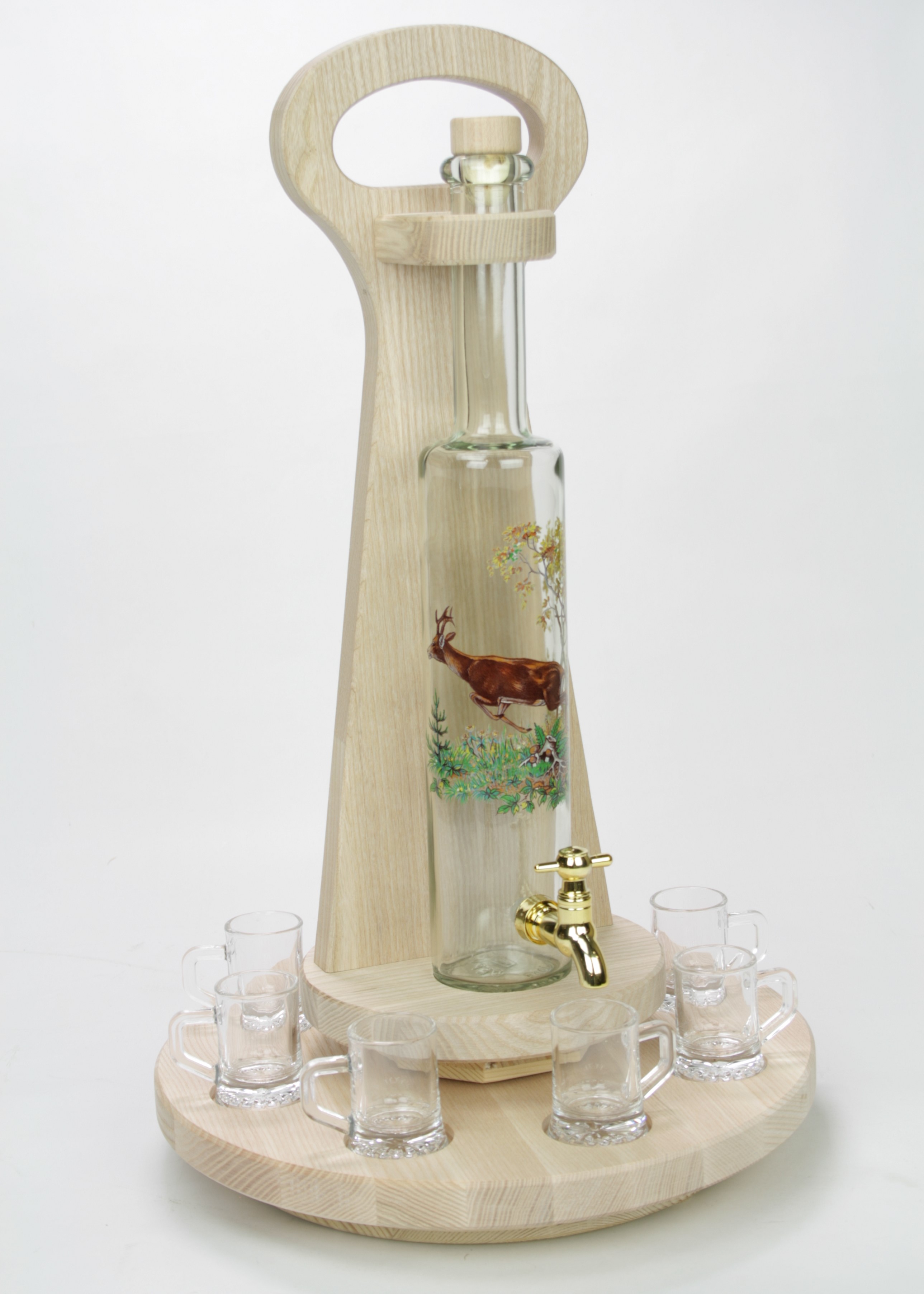 Schnapsbar drehbar mit Flasche "Borduno" 0,5 l inkl. Hahn und 8 Krügerl mit Jagdmotiv