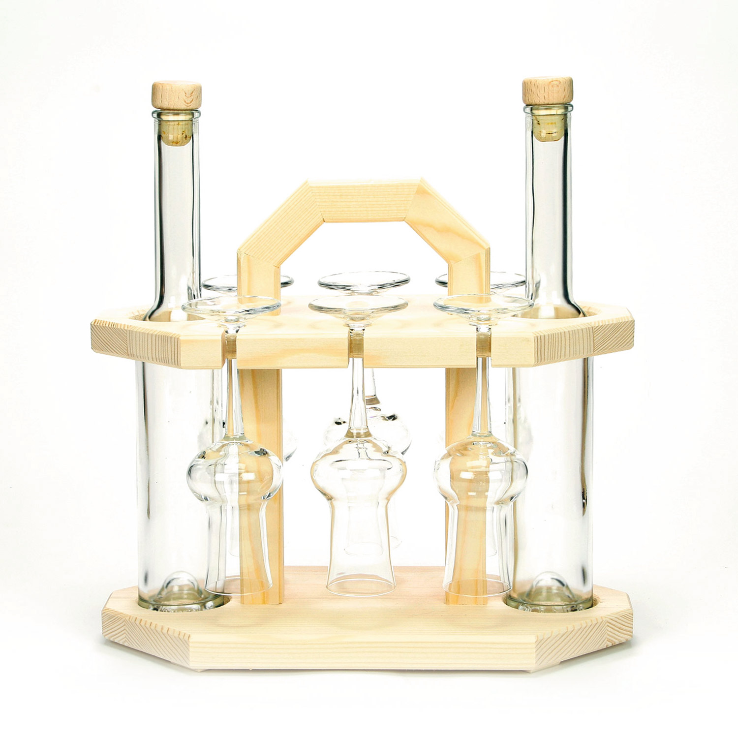 Grappaständer mit 6 Stamperl und 2 Flaschen "Platin" 0,2 l ungefüllt
