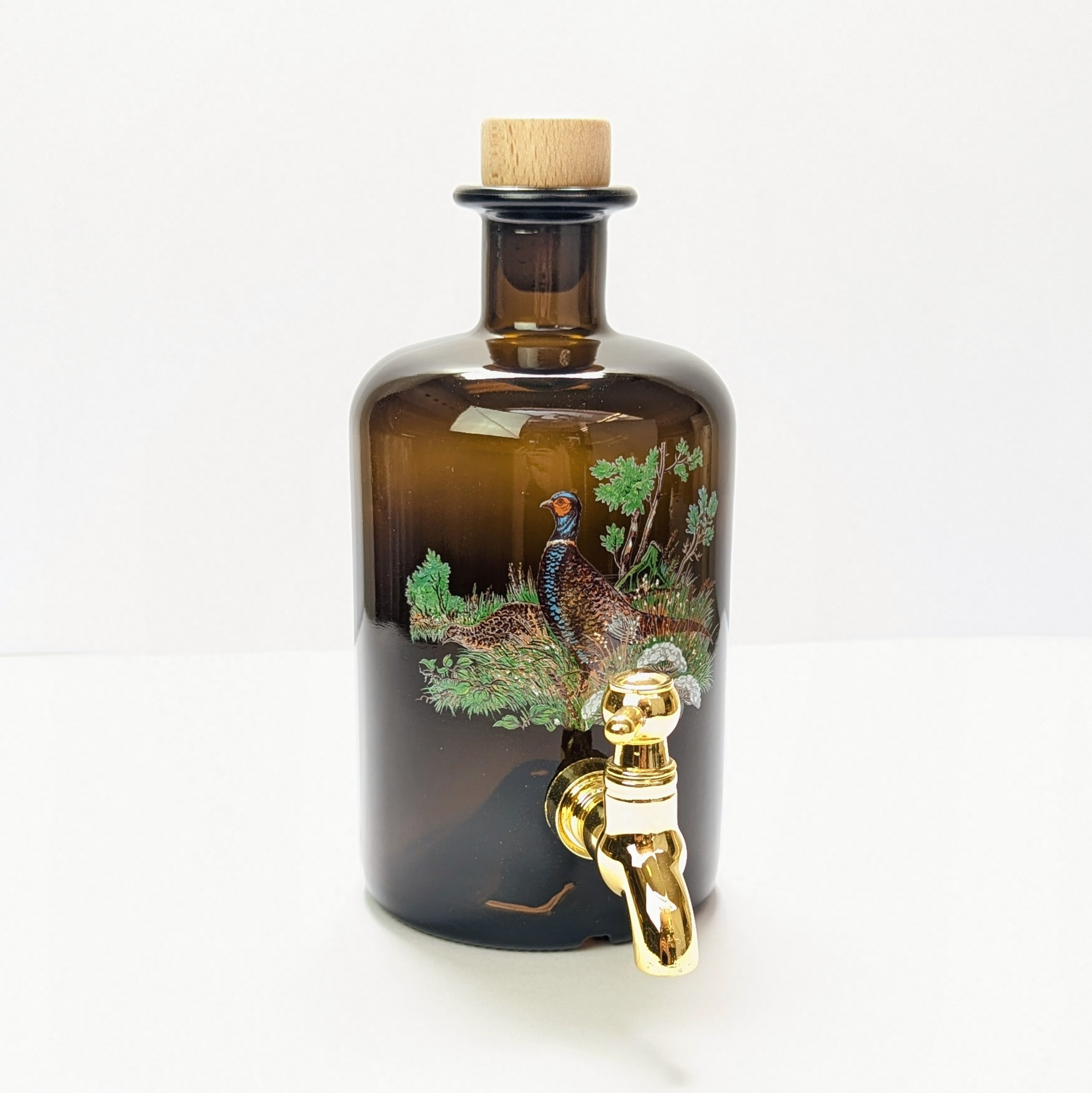 Apothekerflasche 0,5 l antik mit Hahn inkl. Jagdmotiv und Spruch